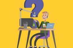 Radio dj on air. Man sitting in headphones with question mark.